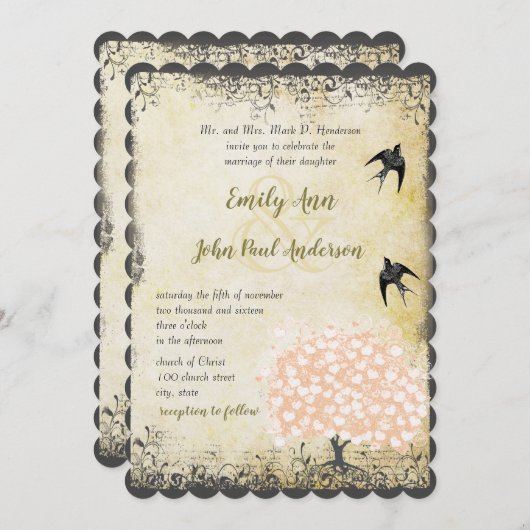 ロマンチックなハートリーフピンクツリーラブバード結婚ズ 招待状 (正面/裏面)