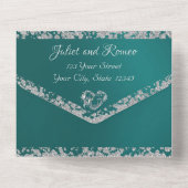 ロマンチックなハート&グリッターオンティール(緑がかった色) オールインワン招待状 (裏面)