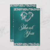 ロマンチックなハート&グリッターオンティール（緑がかった色） サンキューカード (正面/裏面)