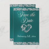 ロマンチックなハート&グリッターオンティール（緑がかった色） セーブザデート (正面/裏面)