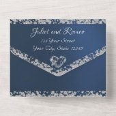 ロマンチックなハート&グリッターオンブルー オールインワン招待状 (裏面)