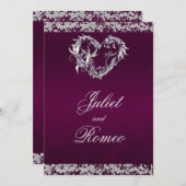 ロマンチックなハート&グリッターオンプラム結婚ズ 招待状 (正面/裏面)