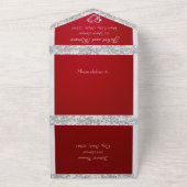 ロマンチックなハート、リボン&グリッターオンクリムゾン オールインワン招待状 (外側)