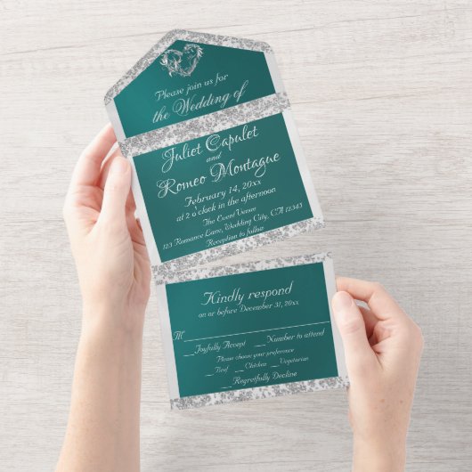 ロマンチックなハート、リボン&グリッターオンティール（緑がかった色） オールインワン招待状 (貼ってはがせる)