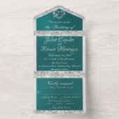 ロマンチックなハート、リボン&グリッターオンティール（緑がかった色） オールインワン招待状 (内側)