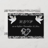 ロマンチックなハート、鳩&グリッター – ブラック 出欠カード (正面/裏面)