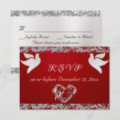 ロマンチックなハート、鳩&グリッター – 赤 出欠カード (正面/裏面)