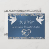 ロマンチックなハート、鳩&グリッター – 青 出欠カード (正面/裏面)