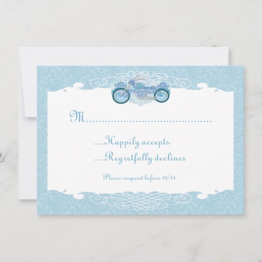 ロマンチックなバイクもしくは自転車に乗る人オートバイウェディング招待RSVPカード 招待状 (裏面)