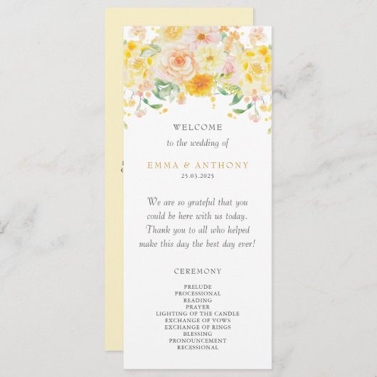 ロマンチックなバターイエローフローラウォーター結婚カラー プログラム (正面/裏面)