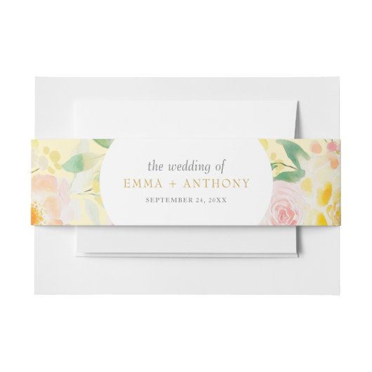 ロマンチックなバターイエローフローラウォーター結婚カラー 招待状ベリーバンド (正面例)