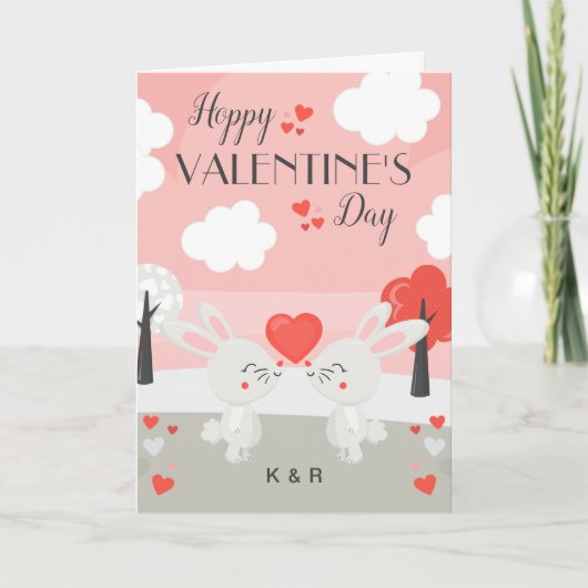 ロマンチックなバニーラビットカップルのバレンタインデー カード (正面)
