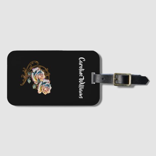 ロマンチックなバラと編集可能な名前の渦巻き ラゲッジタグ (正面横)