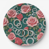 ロマンチックなバラと輝くダイヤモンドの結婚指輪 ペーパープレート (正面)