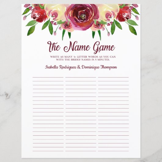 ロマンチックなバラは花嫁を知っている/名前のゲームページ (裏面)