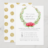 ロマンチックなバラウォーターカラーリース |ブライダルシャワー 招待状 (正面/裏面)