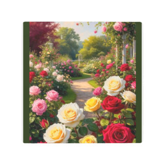 ロマンチックなバラガーデンパスコテージコアウォールアート メタルプリント