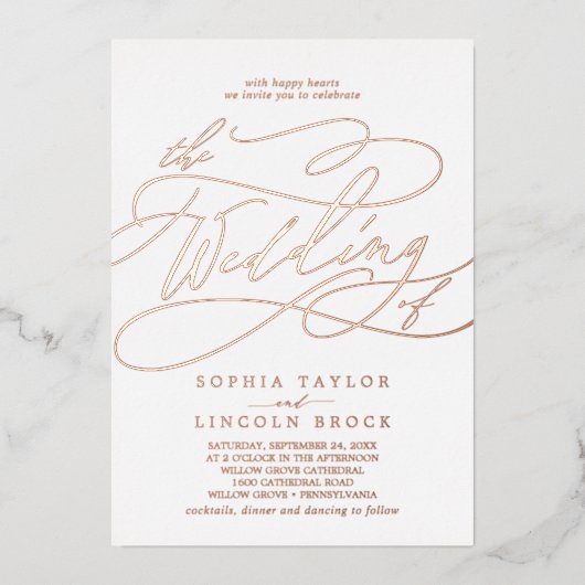 ロマンチックなバラゴールドフォイルは結婚の 箔招待状 (正面)