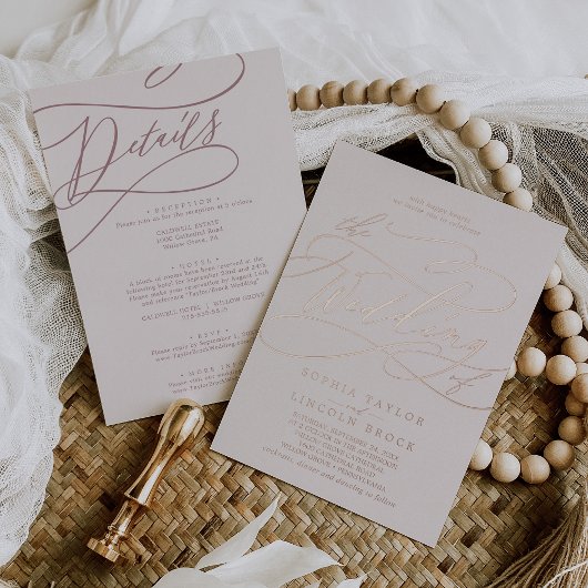 ロマンチックなバラゴールドフォイルピンクオールインワン結婚ズ 箔招待状