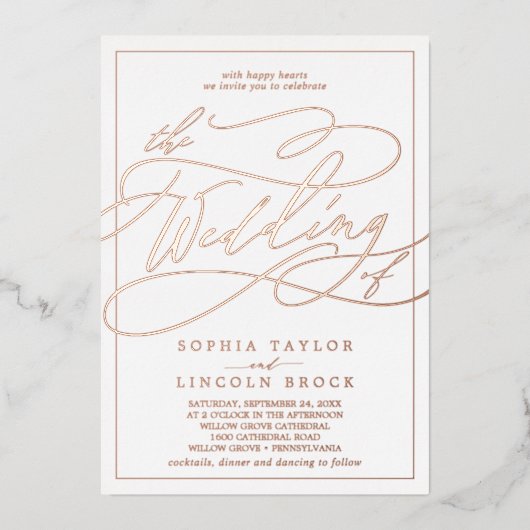 ロマンチックなバラゴールドフォイル書道枠結婚ズ 箔招待状 (正面)