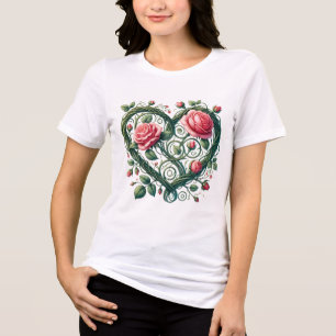 ロマンチックなバラハート エレガントフローラつる植物 トライブレンドTシャツ