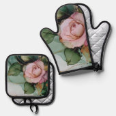 ロマンチックなバラピンクの花のブライダルシャワー 鍋つかみ&鍋敷きセット (正面/裏面)