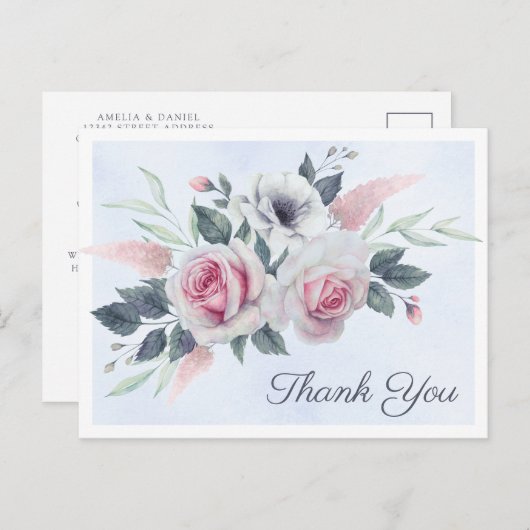 ロマンチックなバラブルーウォーター色ありがとうはがき 案内ポストカード (正面/裏面)