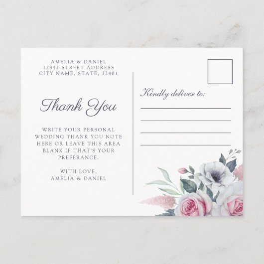 ロマンチックなバラブルーウォーター色ありがとうはがき 案内ポストカード (裏面)