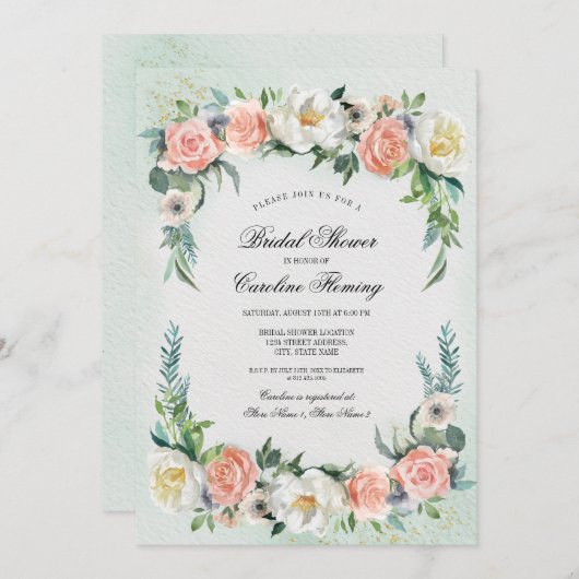 ロマンチックなバラリースウォーターカラーブライダルシャワー 招待状 (正面/裏面)