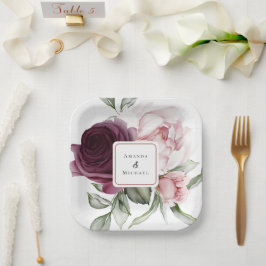 ロマンチックなバラ水彩植物学結婚の ペーパープレート