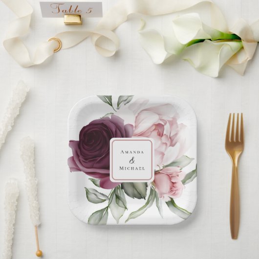 ロマンチックなバラ水彩植物学結婚の ペーパープレート (ウェディング)