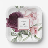 ロマンチックなバラ水彩植物学結婚の ペーパープレート (正面)