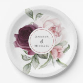 ロマンチックなバラ水彩植物学結婚の ペーパープレート (正面)