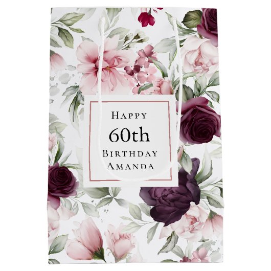 ロマンチックなバラ水彩植物学60誕生日 ミディアムペーパーバッグ (裏面)