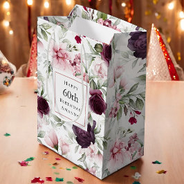 ロマンチックなバラ水彩植物学60誕生日 ミディアムペーパーバッグ