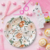 ロマンチックなバラ牡丹ユーカリ桃のクリームオレンジ ペーパープレート (パーティー)