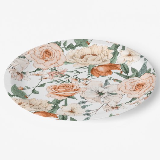 ロマンチックなバラ牡丹ユーカリ桃のクリームオレンジ ペーパープレート (アングル)