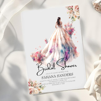 ロマンチックなバラ結婚フローラのドレスブライダルシャワー 招待状