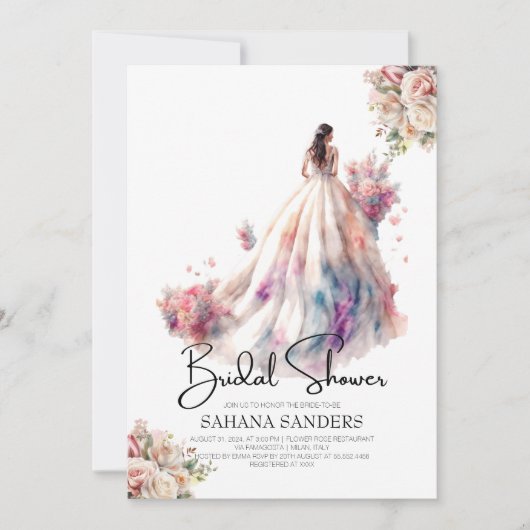 ロマンチックなバラ結婚フローラのドレスブライダルシャワー 招待状 (正面)