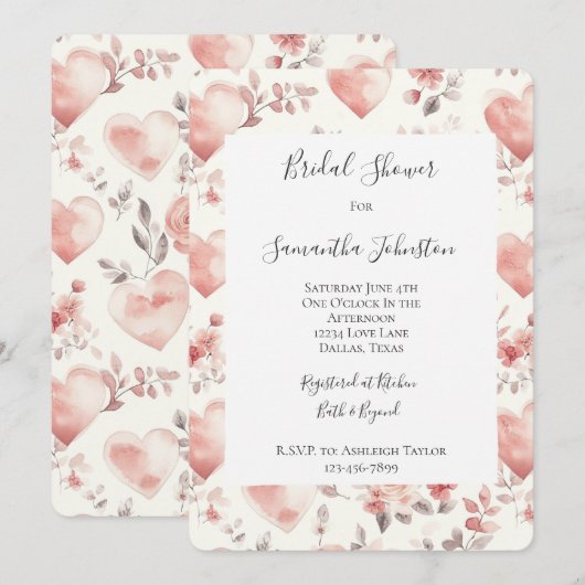 ロマンチックなバラ色のハートの花のブライダルシャワー 招待状 (正面/裏面)