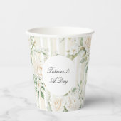 ロマンチックなバラ色の白いバラの花のストライプ ウェディング 紙コップ (正面)