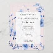 ロマンチックなバラ色の青い花の誕生日 招待状 (正面/裏面)