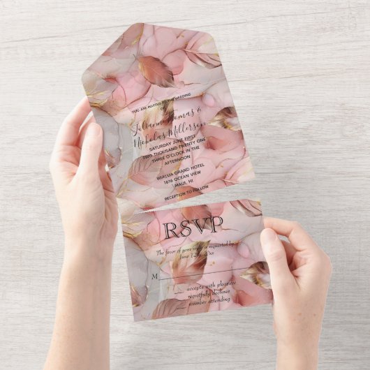 ロマンチックなバラ赤面ピンクの金ゴールド結婚リーフ オールインワン招待状 (貼ってはがせる)