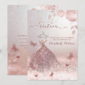 ロマンチックなバラ金ゴールドきらびやかなドレスバラインビタティ 招待状 (正面/裏面)