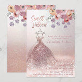 ロマンチックなバラ金ゴールドきらびやかなドレスフローラの招待 招待状 (正面/裏面)