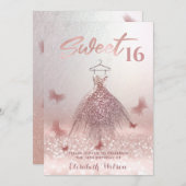 ロマンチックなバラ金ゴールドきらびやかなドレス蝶インビタ 招待状 (正面/裏面)