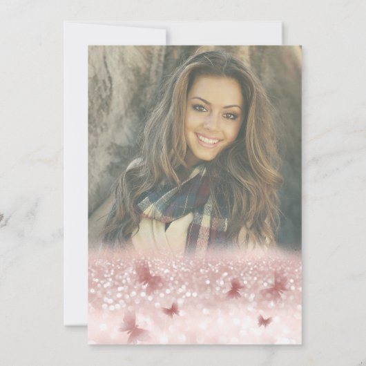 ロマンチックなバラ金ゴールドの輝グラデーションく蝶の写真 招待状 (裏面)