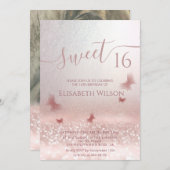 ロマンチックなバラ金ゴールドの輝グラデーションく蝶の写真 招待状 (正面/裏面)