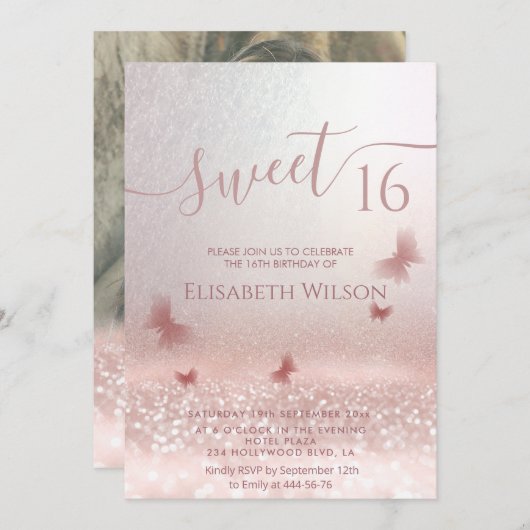 ロマンチックなバラ金ゴールドの輝グラデーションく蝶の写真 招待状 (正面/裏面)