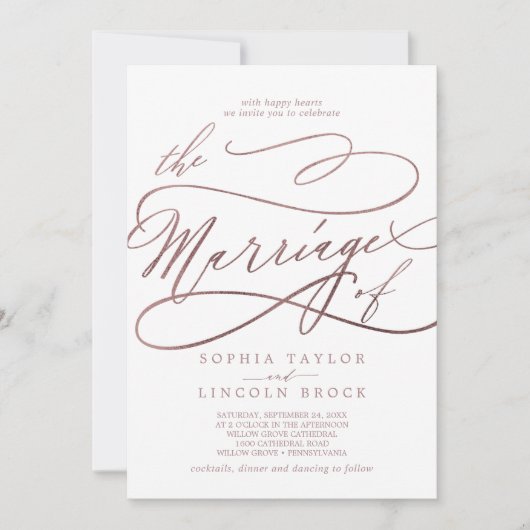 ロマンチックなバラ金ゴールド書道の結婚 招待状 (正面)